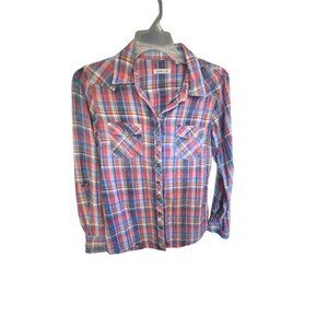 Orvis Women's Medium Plaid Flannel Button Down‎ Shirt Western Style Blue and Red